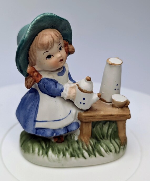 Vintage - Figurine - Girl with Table and Teapot - Porcelain - 4''Tall