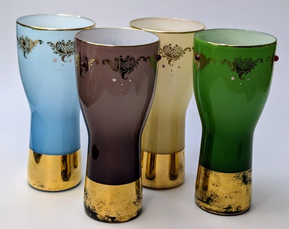 Vintage - MCM - Set of 4 Different Color Glasses with Gilding and Red Stones - 6.25'' Tall