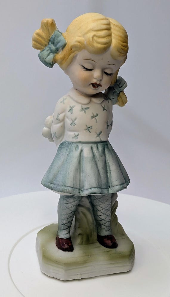 Vintage - Figurine - Girl - Girl Blue Skirt, Braids and Pink Flower in Back - Porcelain - Marked Korea - 5''Tall