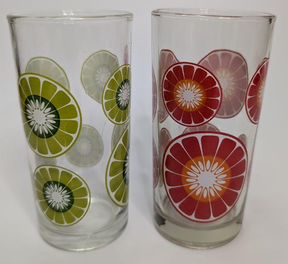 Vintage - Pairs of Glasses with Designs - Green and Red Limes -5'' Tall