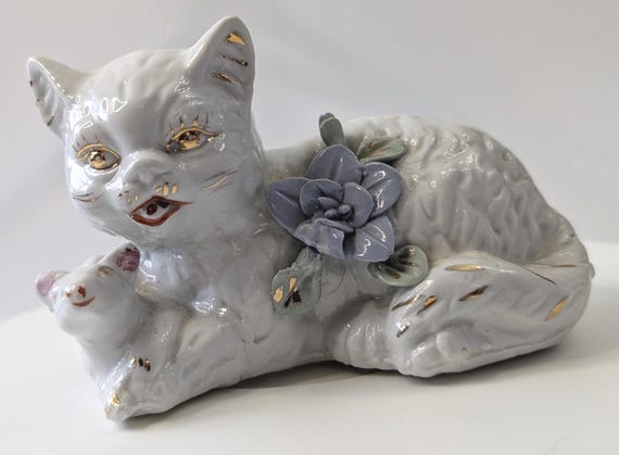 Vintage - Cute Cat Holding a Porcelain Animal with Flower - 4.5''long