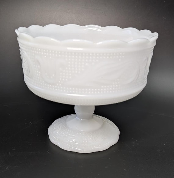 Vintage - Elegant Glass Pedestal Dish - Milk Glass - compote - marked EO Brody - measures 5.5'' high x 6.5'' diameter.