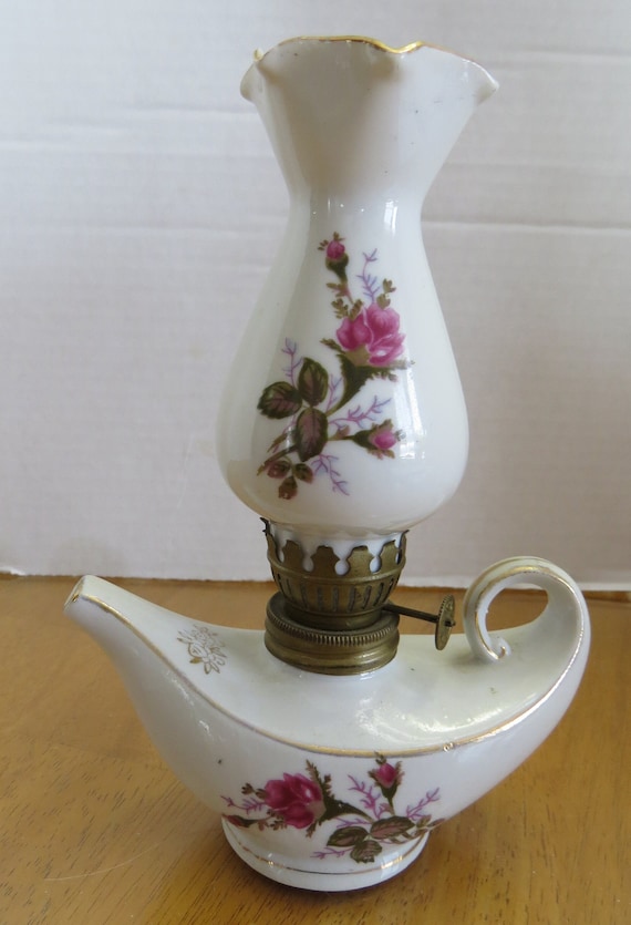 Vintage - Oil Lamp with flowers - made of porcelain - measures 7''tall