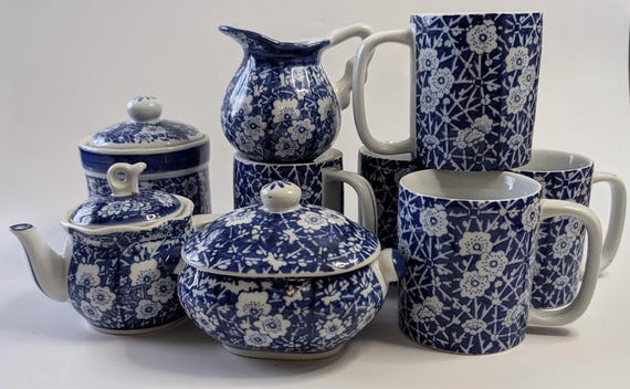 Vintage - Set for Coffee or Tea - Milk, sugar, creamer, tea, and 5 cups - Blue & White - porcelain