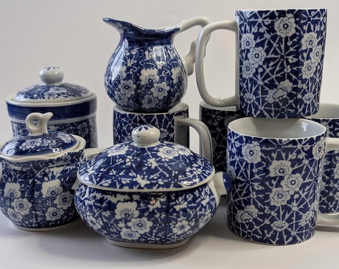 Vintage - Set for Coffee or Tea - Milk, sugar, creamer, tea, and 5 cups - Blue & White - porcelain
