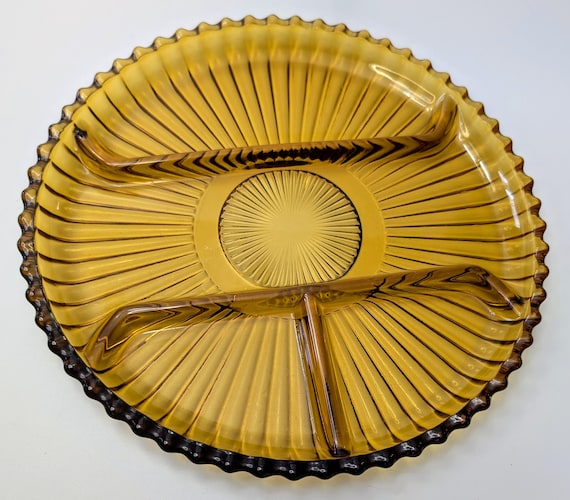 Vintage - Indiana Glass Sectioned Serving Tray - Amber - 10'' Diameter