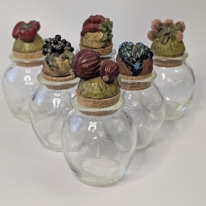 Peut inclure: Plusieurs bocaux en verre transparent avec des bouchons en liège, chacun orné d'un élément décoratif unique. Les dessus présentent divers motifs, notamment des fruits et légumes dans des tons de rouge, vert et marron.