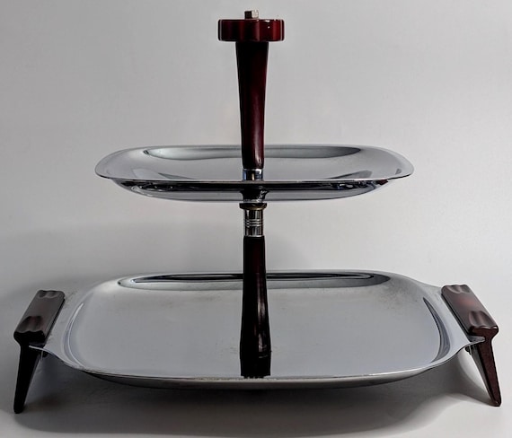 Vtg - MCM - Chrome and Red Bakelite 2-Tier Tray - 9'' High x 11'' Wide - Vintage