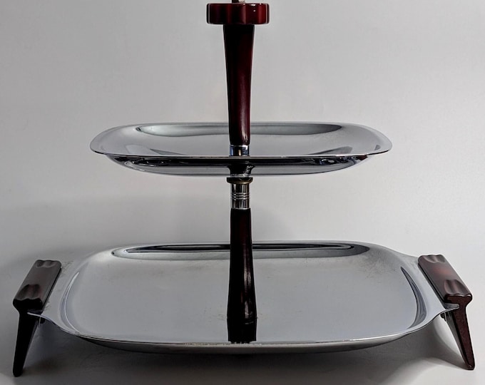 Vtg - MCM - Chrome and Red Bakelite 2-Tier Tray - 9'' High x 11'' Wide - Vintage