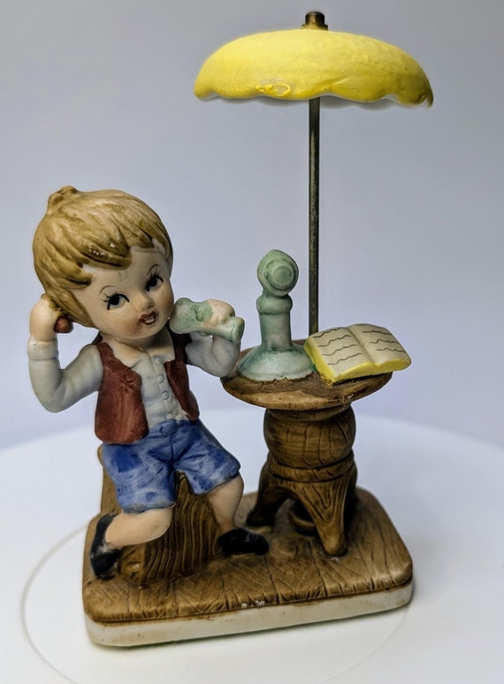 Vintage - Figurine - Boy with Phone and Umbrella - Porcelain - 5.5'' Tall