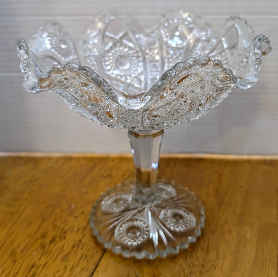 Vintage - Imperial Glass - Crystal - Curled Glass Stemmed Compote Dish 7'' High