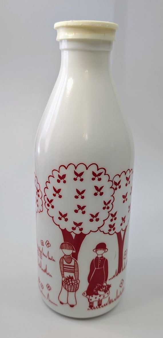 Vintage - Milk Bottle with Picture in Red - Portugal - White Glass - Milk Glass - With Stopper - 10''Tall
