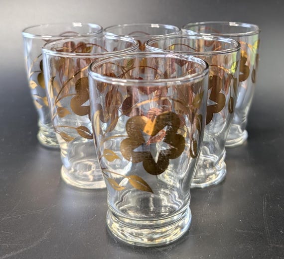 Vintage - set of 6 small glasses with gilding - Dominion Glass - Golden Flower - 3.5'' high