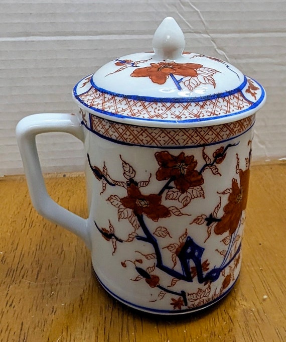 Chinese Teacup with lid - tea - herbal tea - Hand Painted - Measures 4" Tall