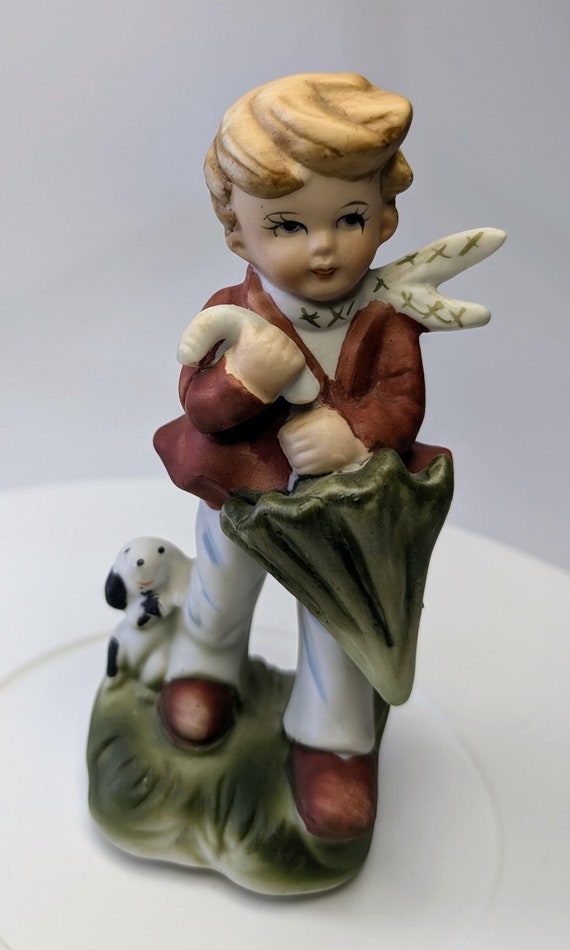 Vintage - Boy with Dog and Green Umbrella - Porcelain - 5''Tall