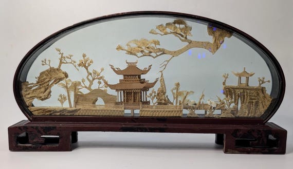 Vintage - Diorama / Oriental Cork Sculpture - measures: 14'' long x 7'' high