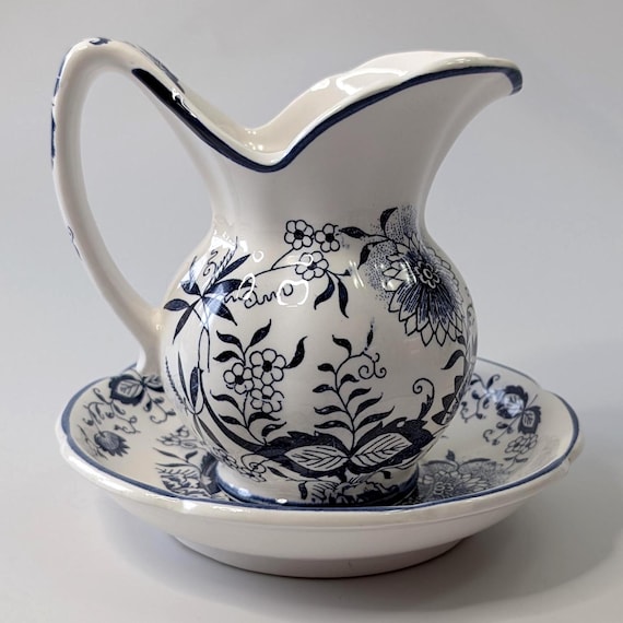 Vintage - Small Pitcher and Bowl - White & Blue - 5''Tall x 5.5'' Wide (Bowl Width)