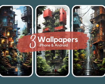 Bundle of 3 Stunning Watercolor Anime Cityscape Phone Wallpapers | Cyberpunk Aesthetic Backgrounds | iPhone & Android Digital Download