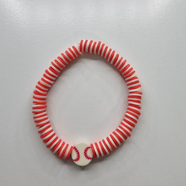 Red and White Baseball Clay Bracelet