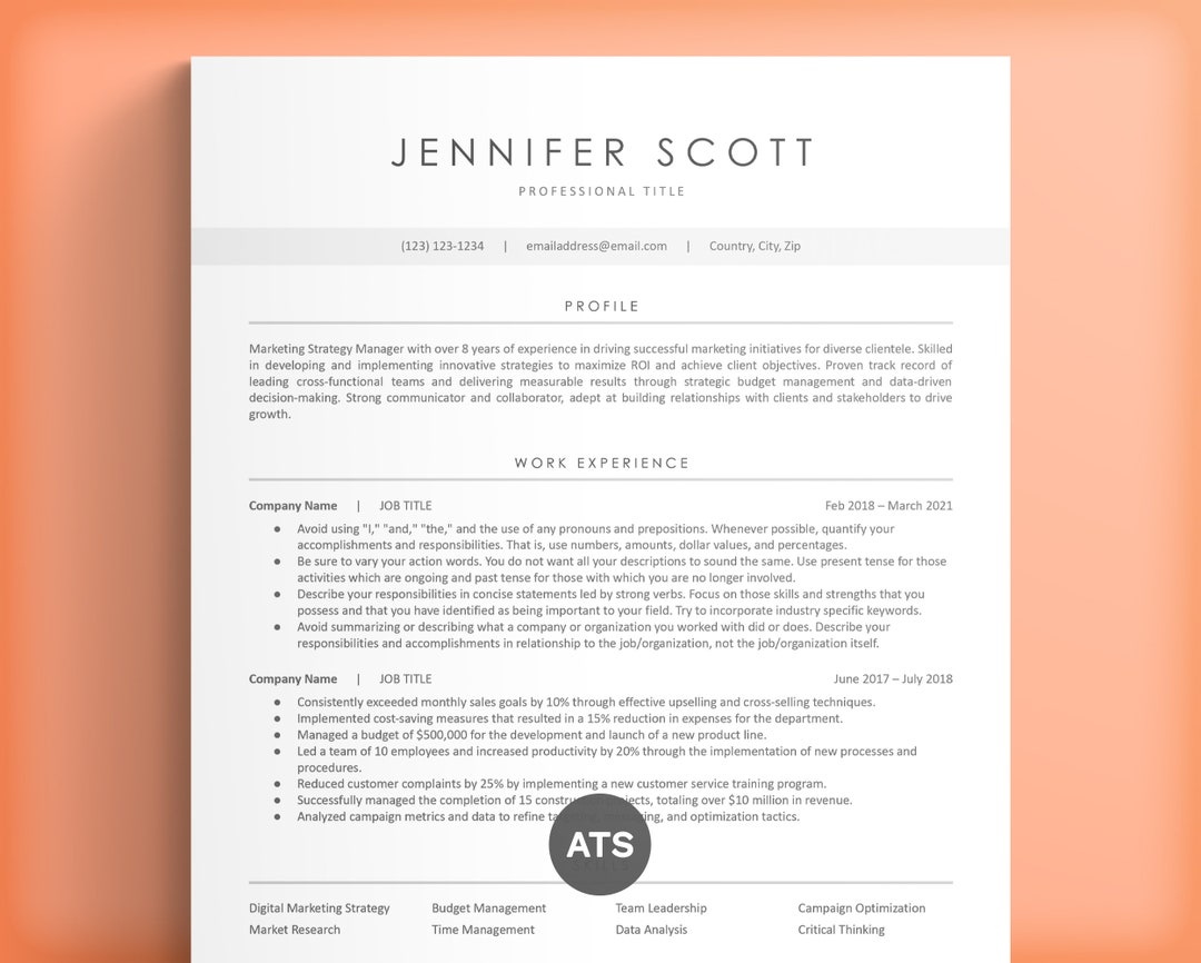 ATS Friendly Resume Template for Microsoft Word and Google Docs, Cover ...
