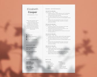 May include: A white resume template with a two-column layout featuring sections for work experience, education, skills, and achievements. The document includes placeholder text for Elizabeth Cooper, professional title, and contact details.