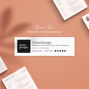 Puede incluir: Una captura de pantalla de una tienda de Etsy que ofrece plantillas de curr&iacute;culum y CV. La tienda se llama DemeDesign y est&aacute; ubicada en Nueva York, Estados Unidos. La tienda tiene una calificaci&oacute;n de 5 estrellas y ha vendido m&aacute;s de 45.000 art&iacute;culos. La lista incluye un logotipo para la tienda, una descripci&oacute;n de los productos y un enlace al sitio web de la tienda.