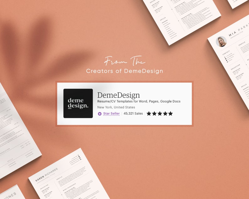 Puede incluir: Una captura de pantalla de una tienda de Etsy que ofrece plantillas de curr&iacute;culum y CV. La tienda se llama DemeDesign y est&aacute; ubicada en Nueva York, Estados Unidos. La tienda tiene una calificaci&oacute;n de 5 estrellas y ha vendido m&aacute;s de 45.000 art&iacute;culos. La lista incluye un logotipo para la tienda, una descripci&oacute;n de los productos y un enlace al sitio web de la tienda.