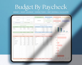 May include: A printable budget planner with a pastel color scheme. The planner includes sections for income, expenses, bills, and a debt snowball calculator. The planner is titled "Budget By Paycheck".