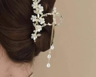 Floral Tassel Hair Claw Clip  Pearls  Elegant Bridal Bun Clip, Cherry Blossom Hair Barrette, Wedding Hair Accessories  Mother’s Day Gift