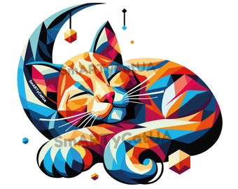 Mondkatze, geometrisch, Vektorgrafik, schlafende Katze neben dem Mond, schlafende Katze, PNG, SVG, EPS