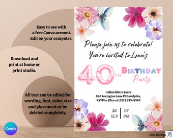 Editable Invitation Flowers Birthday Invitation Template Editable Birthday Party Invitation Watercolor Flowers Birthday Instant Download