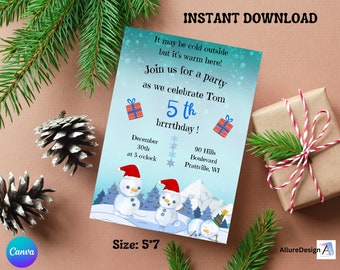 Editable Birthday Invite, Winter Birthday Invitation, Instant Download, Children Invitation, Digital Phone Invite, Snowman Invitation