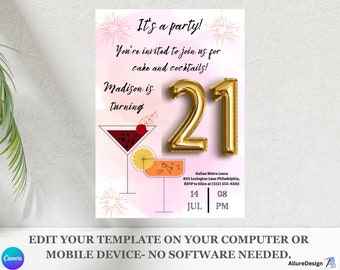 EDITABLE Cocktails Invitation, Instant Download, 21st Birthday Party, Printable Bday Template, Party Invitation, Birthday Digital Invite