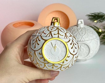 Christmas Ball Midnight Clock Silicone Mold with Lid, Ornament New Year Mold, Candle Jar Mold, Holiday Container Mold, Concrete Plaster Mold