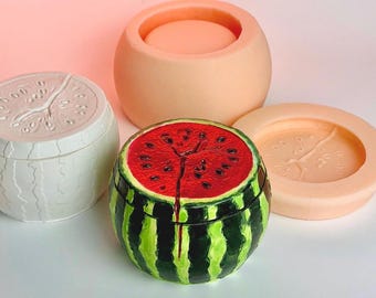 Watermelon Silicone Mold Pot, Fruit-shaped planter mold, Resin mold for vessel Fruit, Cute Melon pot mold with lid, Watermelon mold