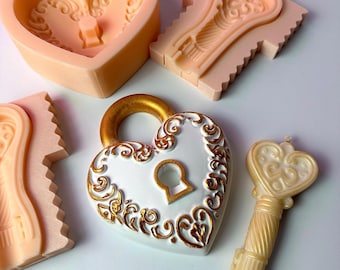 Set Silicone Molds Heart Key and Lock candle, love candle mold Heart, Silicone mold candlestick, Valentine Day candle molds, 3D Key Mold