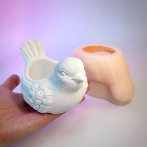 Puede incluir: Maceta de cerámica blanca en forma de pájaro con una textura de plumas detallada. La maceta tiene una pequeña abertura en la parte superior para plantar. La imagen también muestra un molde de silicona de la maceta de pájaro.