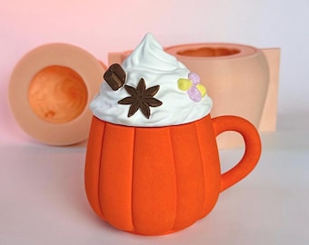 Pumpkin Spice Latte Mug Silicone Mold, Coffee Cup Resin Mold with Whipped Cream Marshmallow Lid, Fall Candle Jar Mold, Autumn Decor Mold
