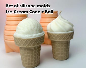 Set Ice Cream Candle Silicone Molds. Waffle Cone Wax Mold. 3D Ice Cream Ball Cone Mold. Cute Candle Mold for Summer. Dessert Candle Mould.