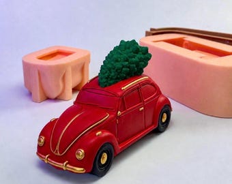 Vintage Car Pumpkin Candle Mold with Christmas Tree lid, Car Vessel Mold, Christmas Mold, Silicone mold car, Truck Beetle Candle Mold