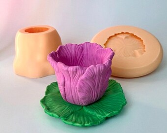 Tulip Flower Candle Cup Silicone Mold with Leaf Base, 3D Floral Candle Holder Mold, Spring Flower Vessel Mold for Wax, Flower Pot Mold