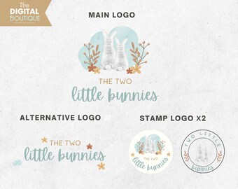 Bunnies Watercolor Logo, Canva Template, Editable Canva Template, Boho Logo, Instant Logo Download, Watercolor Logo, Bunnies Illustration