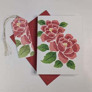 Carte florale vierge avec étiquette-cadeau assortie - Carte de voeux fleurs rouges faites main - Fête des mères, anniversaire, Je pense à vous - Personnalisation offerte