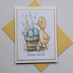Baby Card, Welcome Little One – Handmade Newborn Card – Cute Blue Baby Shower Card – Bunny Design with White Envelope, Blank Inside.
