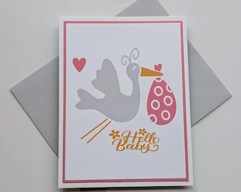 Handmade Stork Baby Card: Pink & Grey Newborn Greeting