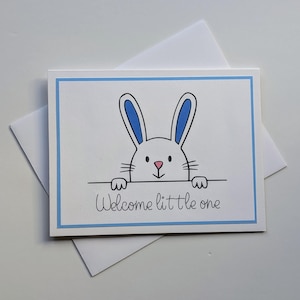 Baby Card, Welcome Little One – Handmade Newborn Card – Cute Blue Baby Shower Card – Bunny Design with White Envelope, Blank Inside.
