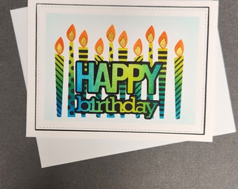 Birthday Card - handmade blank Birthday Card with candles, green, blue, yellow and gold. White envelope included.