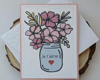 Carte Amour, Je t'aime motif floral – avec enveloppe– Fait main – anniversaire, pour proche, fête des mères, cadeau, pour elle, maman