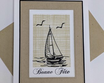 Carte de fête ou d'anniversaire pour homme – Bateau illustré – Faite à la main avec enveloppe – bonne fête, célébration, style masculin