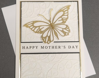 Mother's day card with a large gold and white butterfly, beautiful handmade card, white envelope included